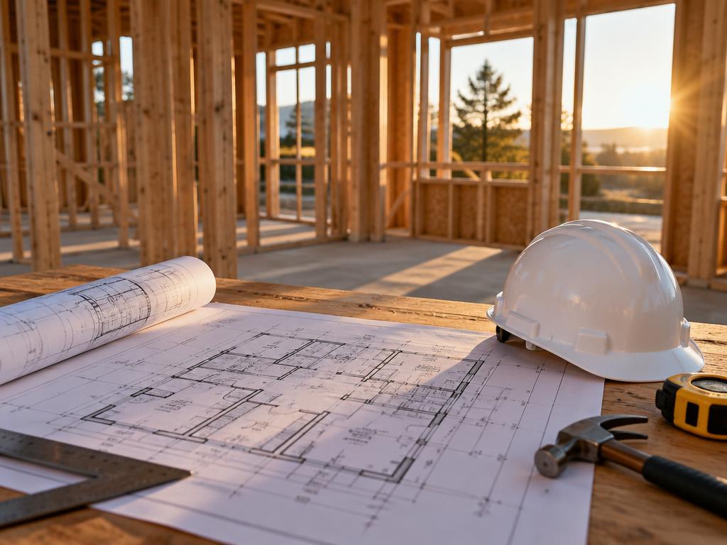 Architectural plans and a hard hat on a site table inside a house under construction